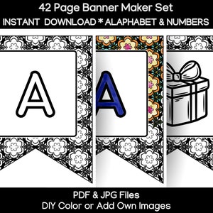 Könnte beinhalten: Ein schwarz-weißes, druckbares Banner-Set mit 42 Seiten. Das Banner hat einen dekorativen Rand mit einem floralen Design. Das Banner enthält Buchstaben und Zahlen. Der Text "INSTANT DOWNLOAD * ALPHABET & NUMBERS" befindet sich oben im Bild. Der Text "PDF & JPG Files" befindet sich unten im Bild. Der Text "DIY Color or Add Own Images" befindet sich unten im Bild.