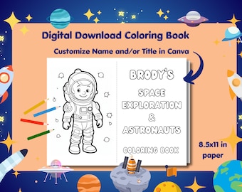 Puede incluir: Una página para colorear en blanco y negro con un astronauta con un casco espacial y un cohete. El título del libro es "BRODY'S SPACE EXPLORATION & ASTRONAUTS COLORING BOOK". El libro mide 8,5x11 pulgadas.