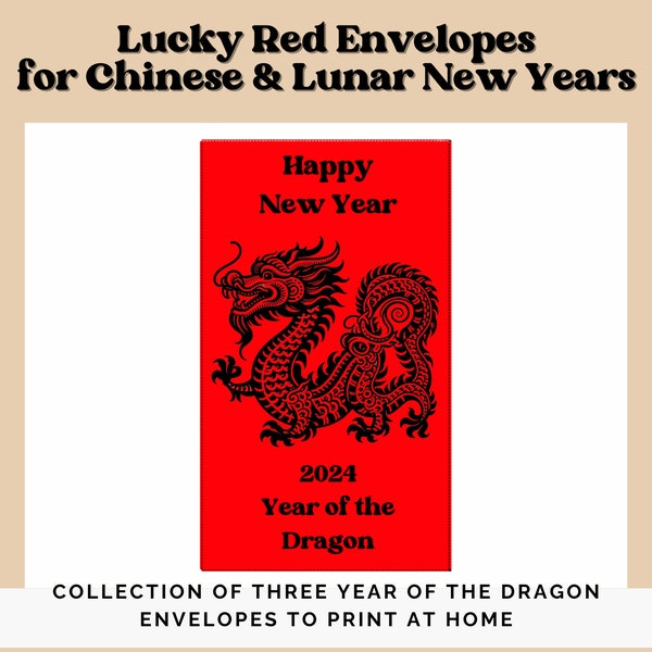 Lucky Red Envelopes with Festive Dragon Designs for the Year of the Dragon - DIY - Instant Download Printable