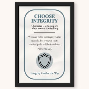 May include: Framed print with the text "CHOOSE INTEGRITY" and a quote about character. The design includes a shield graphic and the phrase "Integrity Guides the Way." The frame is black.