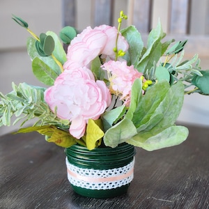Custom Mason Jar Wedding Centerpiece Green Rustic Floral Wedding Decor Lace Accent Wedding Centerpiece Peony Wedding Decor Pink Table Accent