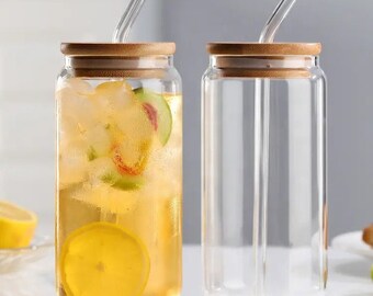 Glass tumbler wholesale | 10 Pack 12 Pack 16 pack or 25 pack cup | Blank Glass can | straw Tampered  Cans 16oz - Clear with Bamboo Lid Straw