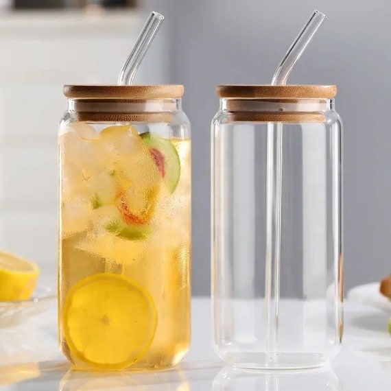 Glass Tumbler Wholesale 10 Pack 12 Pack 16 Pack or 25 Pack Cup Blank Glass  Can Straw Tampered Cans 16oz Clear With Bamboo Lid Straw 