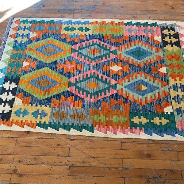 Afghan Kilim Rug - Hand Woven Maimana Kilim -Small Area Kilim- Natural Wool Kilim - Multicolor, Chubi Kilim - Turkmen Oriental Kilim Rug