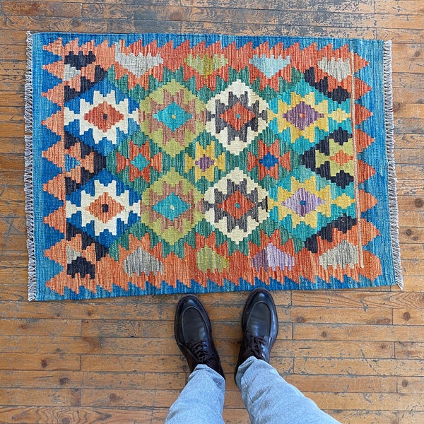 Blue Handmade Rug,Afghan Kilim Rug - Hand Woven Maimana Kilim -Small Area Kilim- Natural Wool Kilim - Multicolor, Chubi Kilim -Kilim Rug