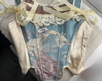 Vintage-Inspired Brocade Corset Top – Rococo Floral Bustier with Lace Trim & Ribbon Ties