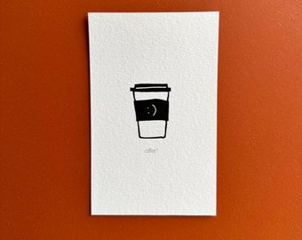 Coffee? To-Go cup, gift card, linocut, DIN A6 card