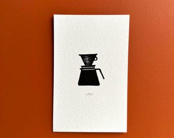 Coffee? Hand filter, gift card, linocut, DIN A6 card