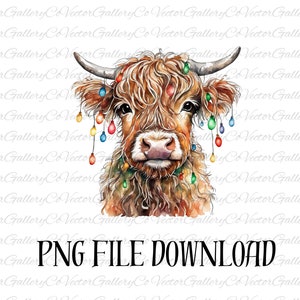 牛のクリスマス ライト PNG、ムーイー クリスマス PNG、農場の動物 PNG、牛好き PNG、農家のクリスマス PNG 昇華、クリスマス ハイランド牛 PNG