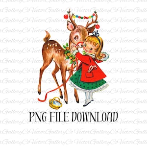 vintage Imprimable Mignon Noël Fille et Renne Carte Image Rétro années 1950 PDF Téléchargement numérique instantané Kitsch Holiday Clipart JPEG PNG