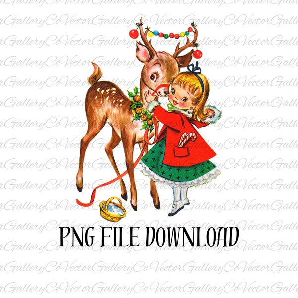 Vintage Printable Cute Christmas Girl and Reindeer Card Image Retro 1950s PDF Instant Digital Download Kitsch Holiday Clipart JPEG PNG