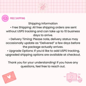 May include: Free shipping information for online orders. Orders are sent without USPS tracking and can take up to 10 business days to arrive. Delivery status may update as "Delivered" a few days before the package actually arrives. Upgraded shipping options are available at checkout.