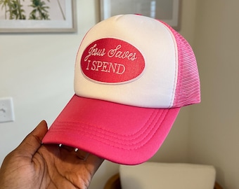 Jesus Saves I Spend Trucker Hat, Hot Pink Christian Mesh Cap