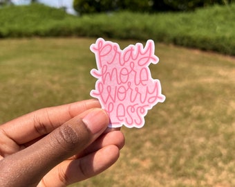 Pray More Worry Less Sticker: Pink Christian Faith Decal