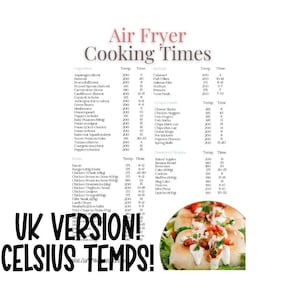 May include: A white chart titled "Air Fryer Cooking Times" with a list of vegetables, meats, seafood, frozen treats, and desserts. The text "UK VERSION! CELSIUS TEMPS!" is at the bottom. A photo of food is in the bottom right corner.