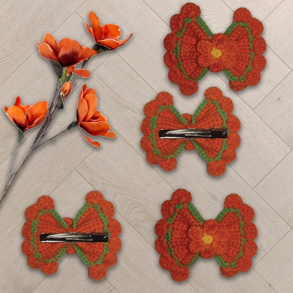 Orange Bow Hair Clip, Crochet Hair Clip, Knitted Hair Clips, Girls Snap Clips, Baby Hair Clips, Birthday Gifts, Christmas Gifts