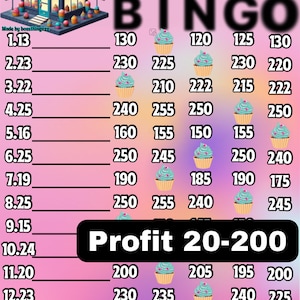 Könnte beinhalten: Ein rosa-lila Cupcake-Bingo-Spielbrett mit dem Wort "Cupcake" oben. Das Brett zeigt Zahlen, Cupcake-Illustrationen und den Text "Profit 20-200".