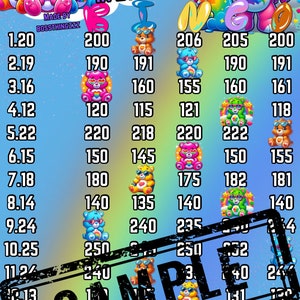 May include: A colorful bingo card with numbers and cartoon bears. The card has a rainbow theme and the text "300 in every row" at the top.