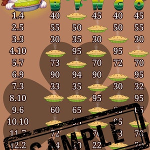 May include: A brown and green bingo card with a cartoon dog holding a slice of pie. The card has numbers from 1.4 to 13.8 and the words "Lucky Pie 100" at the top. The card also has the word "Bingo" with the letters B, I, N, G, and O in green.