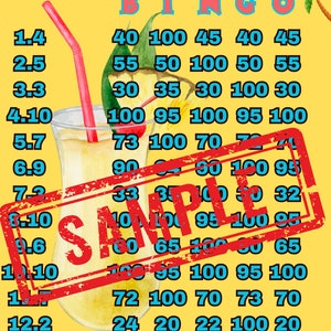 May include: A yellow bingo game card featuring a pineapple-themed design with the text 100 WTA BINGO and WHEN LIFE HANDS YOU PINEAPPLES, MAKE PINA COLADAS. A central illustration shows a pina colada drink with a red straw and a red stamp reading SAMPLE.