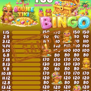 May include: A colorful Bingo game board with a tropical theme. The design includes a treasure chest, tiki figures, and the text "BOUJEE TIKI BINGO". Numbers and game spaces are arranged on a brown background.