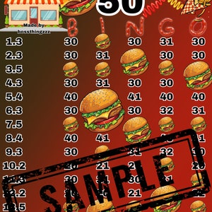 Könnte beinhalten: Eine rote und weiße 50er Bingo-Karte mit Burger-Motiv. Die Karte hat Zahlen von 1,3 bis 15,7 und ein freies Feld in der Mitte. Die Karte ist umgeben von Bildern von Burgern, Pommes Frites, Ketchup und Senf.