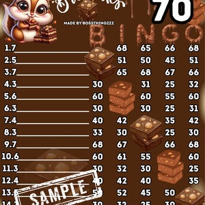 Puede incluir: Una tarjeta de bingo marrón con una ardilla de dibujos animados sosteniendo un brownie. La tarjeta tiene números del 25 al 70 y la palabra "Bingo" escrita en letras marrones. La tarjeta está titulada "Brownies" y tiene el texto "Made by Bossthingzzz" en la parte inferior.
