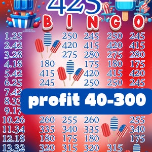 425 WTA PYP 1-15 profit bingo board