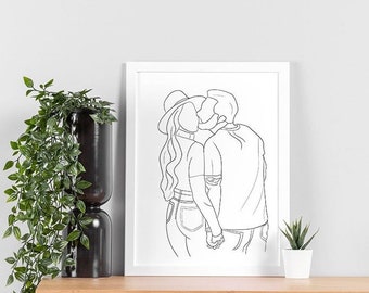 Photo Print, Custom Line Drawing, Sketch From Photo Couple Portrait, One line drawing, Custom Family Gift, Anniversary Gift