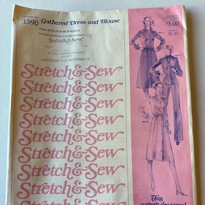 May include: Vintage sewing pattern for a gathered dress and blouse. The pattern number is 1590, with sizes ranging from 28 to 44. The cover features illustrations of the dress and blouse designs. The brand is Stretch & Sew.