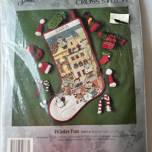 Vintage 1992 Counted Cross Stitch Christmas Stocking Kit “Winter Fun” Candamar Something Special #50663 Cat Family Village Scene 12x17”