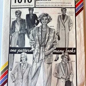 May include: Vintage sewing pattern for notched and shawl-collar jackets, Stretch & Sew 1016. The pattern includes multiple jacket styles, with bust sizes ranging from 30 to 46 inches. The cover features illustrations of the jacket designs.