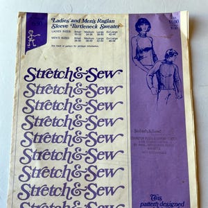 May include: Vintage sewing pattern for a raglan sleeve turtleneck sweater. The pattern includes sizes for both ladies and men. The pattern is from the brand Stretch & Sew and features illustrations of the sweater.