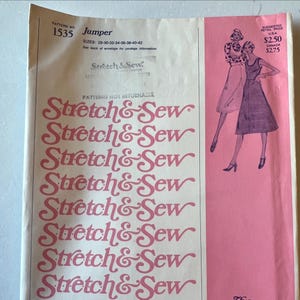 May include: Vintage sewing pattern titled "Jumper" with the number 1535. The pattern features illustrations of two women in dresses on a pink background. The text "Stretch & Sew" is repeated multiple times in a pink script font. The suggested retail price is $2.50.