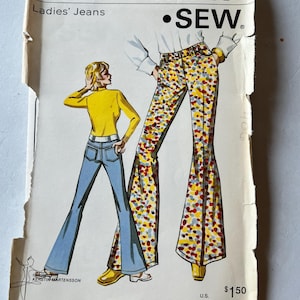 May include: Vintage Kwik Sew pattern 406 for Ladies' Jeans. The pattern features illustrations of flared jeans with colorful dot patterns and classic denim. The pattern includes sizes 6-8-10. The cover is slightly worn.