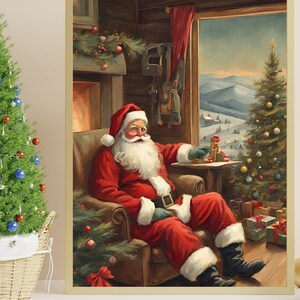 サンタの絵画|クリスマスアート|デジタルダウンロード|ノエルプリント|楽しい冬の風景|サンタワークショップ|北極プリント|サンタクロースのクリスマス|装飾品