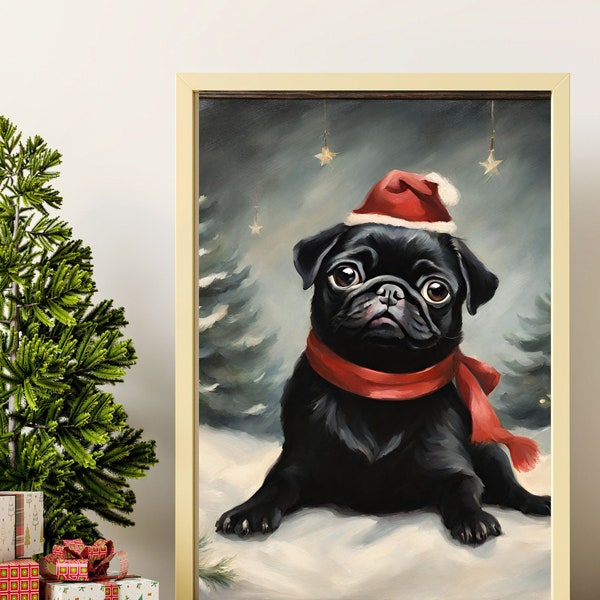 Pug Christmas,Dog Clothes Art,CanvasDigital Print,Printable Christmas Art,Holiday Painting,Pug Portrait,Canvas Christmas Display,Pug Dog Art