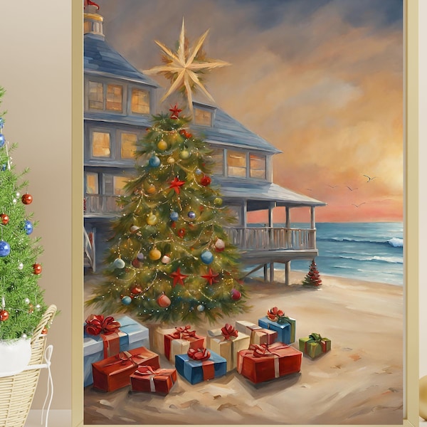 Digital Christmas Beach Painting Printable, Tropical Holiday Wall Art, Christmas at the Beach Wall Art, Coastal Christmas Decorations, Print