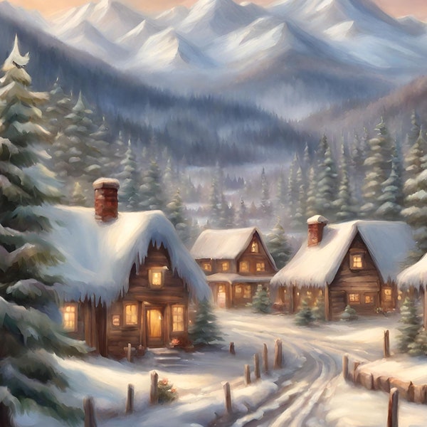 Christmas Village Wall Art Painting Digital Printable Download, Holiday Decor, Christmas Town Decor, Log Cabin Hearth, Wall Art Gallery