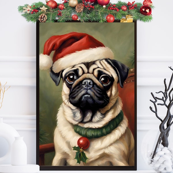 Pug Christmas,Dog Clothes Art,CanvasDigital Print,Printable Christmas Art,Holiday Painting,Pug Portrait,Canvas Christmas Display,Pug Dog Art