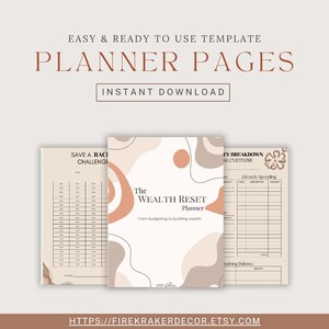 Könnte beinhalten: Ein digitaler Planer mit dem Text "The Wealth Reset Planner" und "Planner Pages". Das Cover zeigt abstrakte Formen in Beige, Braun und Pfirsich. Das Bild enthält auch Seiten für Finanzverfolgung und Budgetierung.