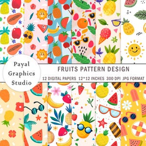 Papel digital con estampado de frutas / 12 archivos JPG / 30 x 30 cm / Fondos de frutas para scrapbooking, manualidades y sublimación / Patrón de frutas de verano
