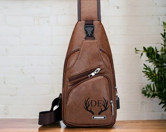 Personalized Leather Sling Bag - Mens Crossbody Bag - Mens Chest Bag - Sling Backpack With USB Charge Port - Leather Travel Bag