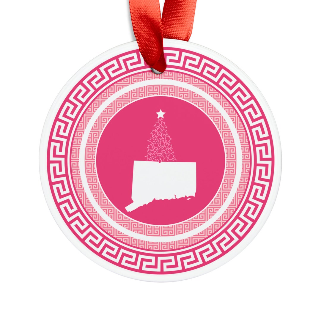 Connecticut Christmas Ornament, Acrylic Ornament With Ribbon, Unique CT Ornaments, Pink and