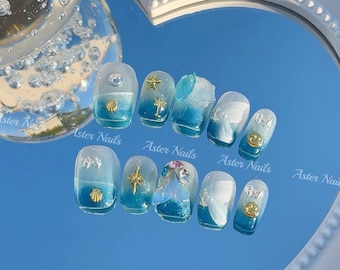 Ocean Beach Handmade Press On Nail | Blue Sea Mermaid Tropical Vacation 3D Reusable Fake Nails | Short Square Aquatic Spring Summer