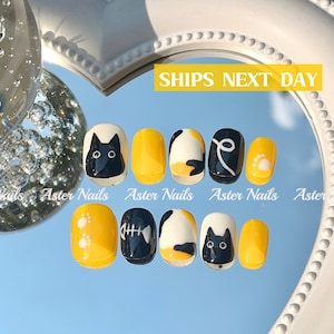 Cute Cat Handmade Press On Nail | Reusable Kawaii Black Yellow Fake Short Nails | Cat Mom Cat Lover Daily Party Birthday Gift For Her