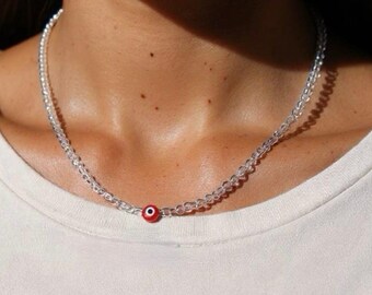 Gargantilla de cuentas de vidrio con el símbolo del ojo turco: delicado collar bañado en plata.