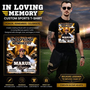 May include: Black t-shirt with a memorial design featuring the text "IN LOVING MEMORY OF" and a portrait. The shirt also includes the name "MARUS Rogers" and football-related imagery. The design is repeated on the shirt worn by a man.