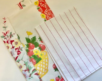 Vintage kitchen towel, floral, red stripe