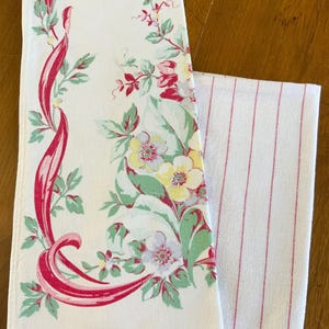 Vintage kitchen towel, floral, red stripe